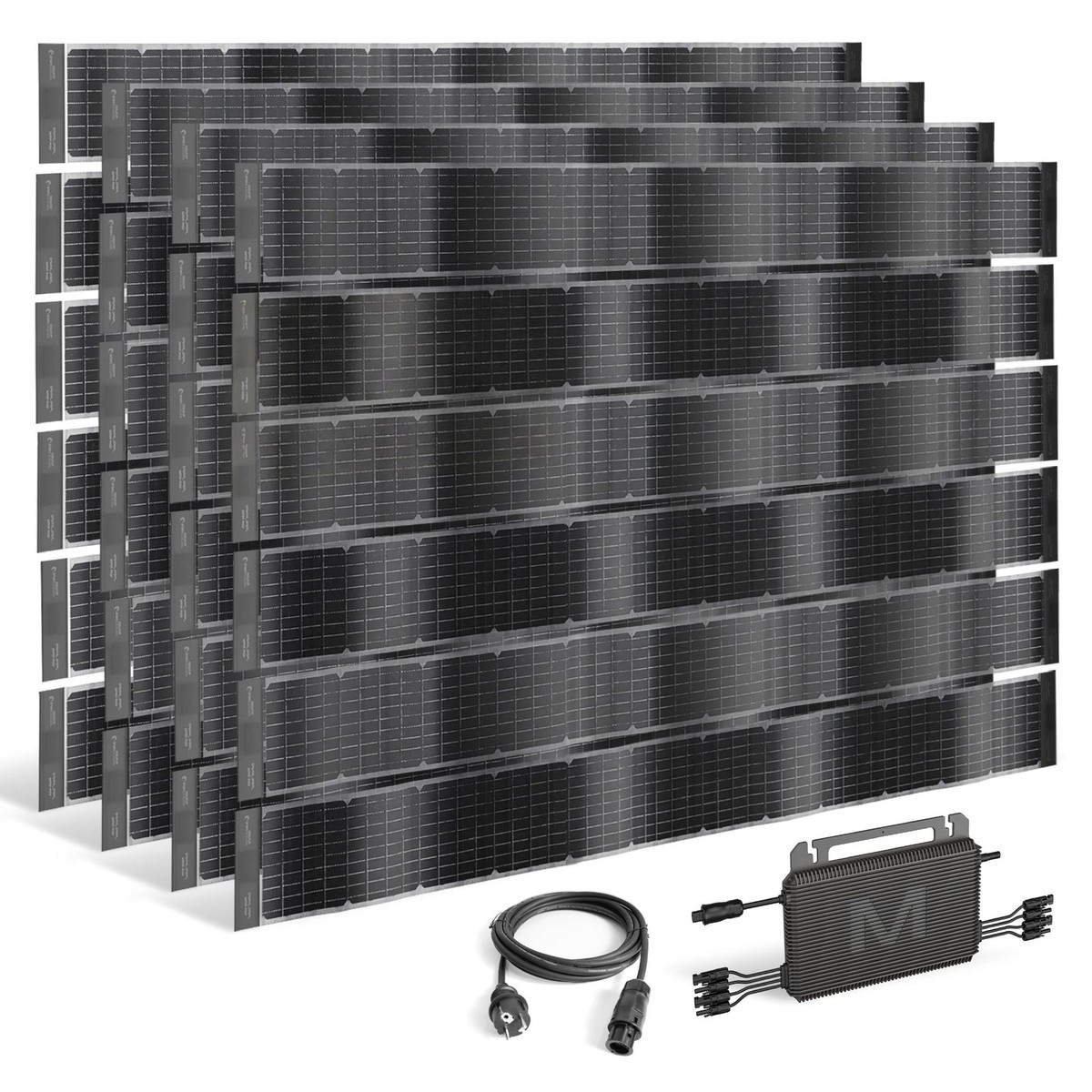 Panel solar flexible bifacial – kit enchufable con inversor | SUNBOOSTER VERTICAL+ para valla de 2 m – 4 sets de 6 tiras
