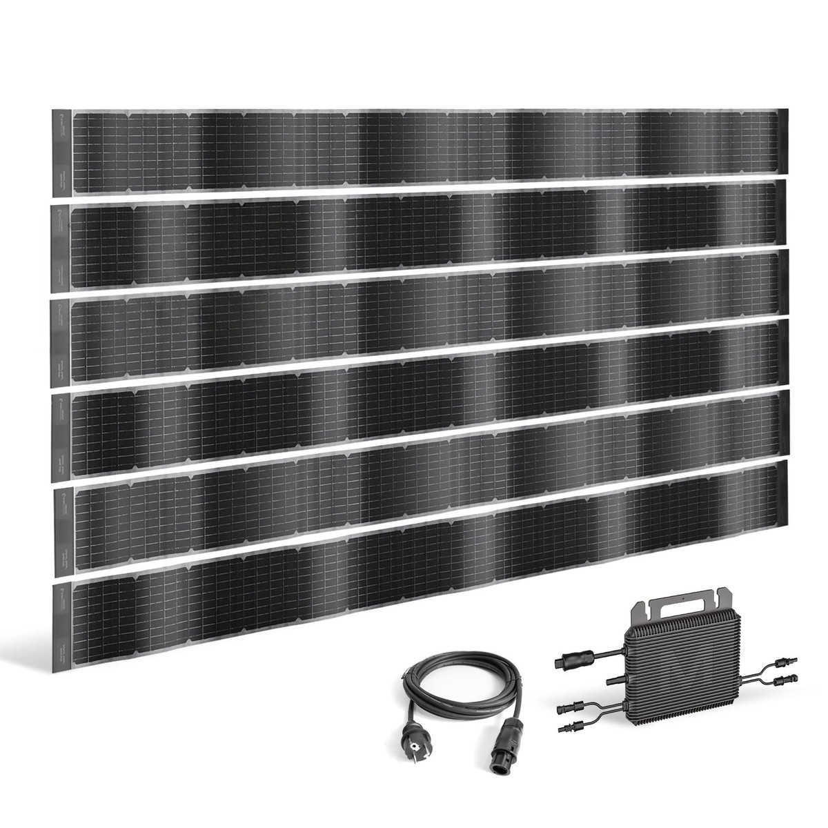 Panel solar flexible bifacial – kit enchufable con inversor | SUNBOOSTER VERTICAL+ para valla de 2,5 m – 1 set de 6 tiras
