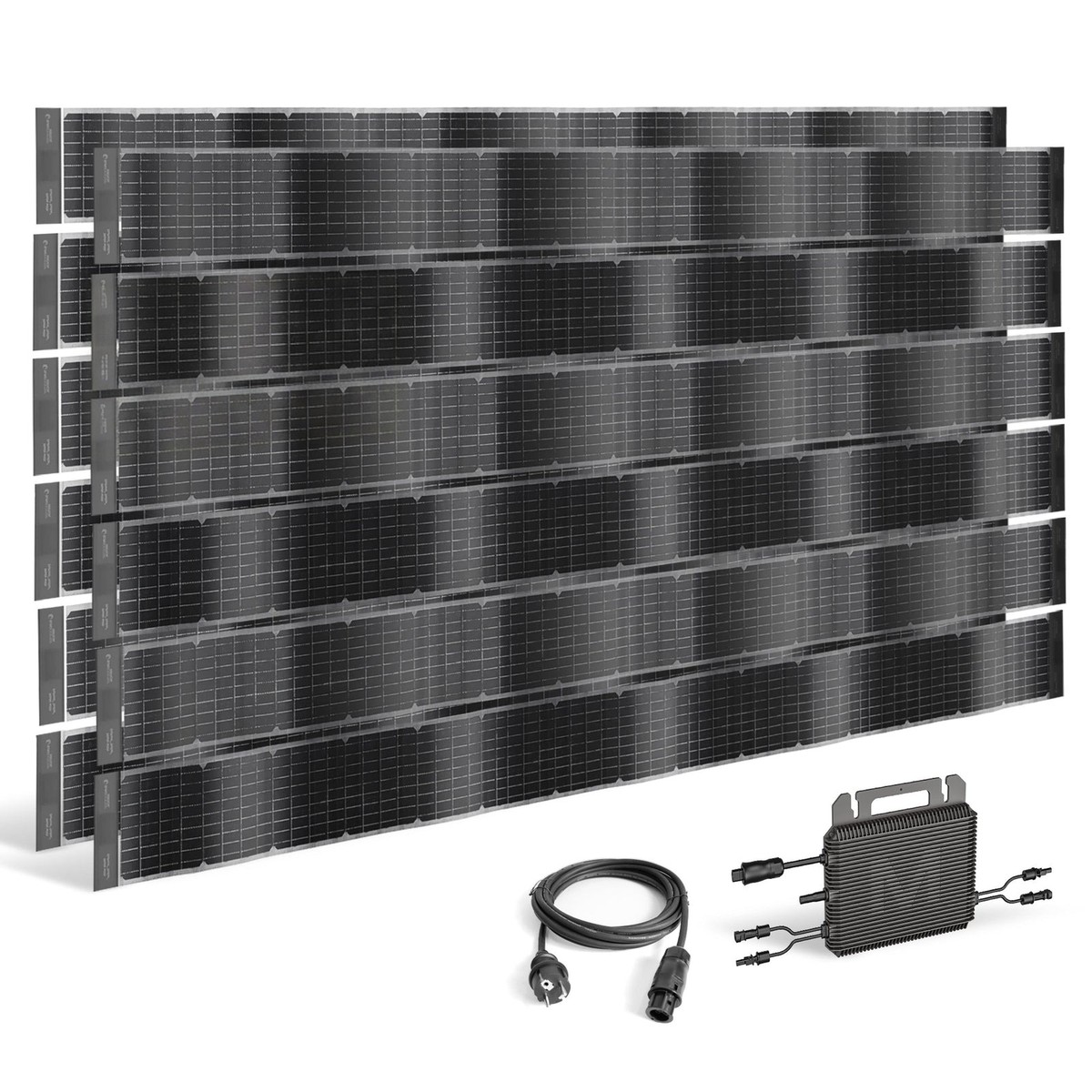 Panel solar flexible bifacial – kit enchufable con inversor | SUNBOOSTER VERTICAL+ para valla de 2,5 m – 2 sets de 6 tiras